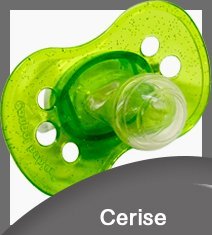 Ciuccio personalizzato per bambini con tettarella a forma di ciliegia.